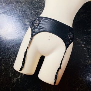 Black faux leather spandex and lace garter belt